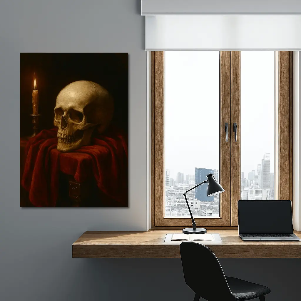 Skull Candlelight Red Velvet Dark Oil Painting – Wall Art