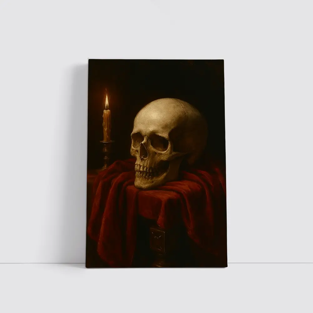 Skull Candlelight Red Velvet Dark Oil Painting – Wall Art
