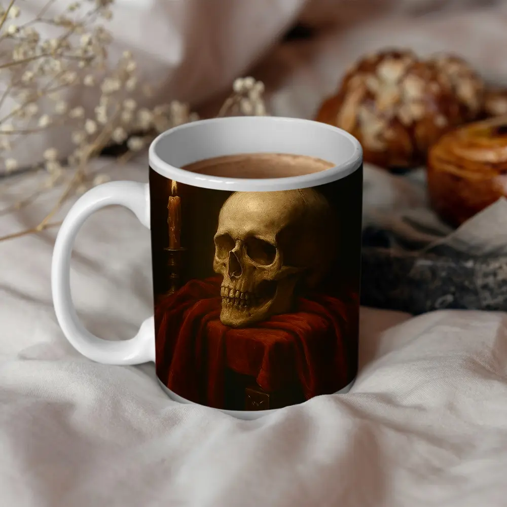 Skull Candlelight Red Velvet Dark Oil Painting – Mugs