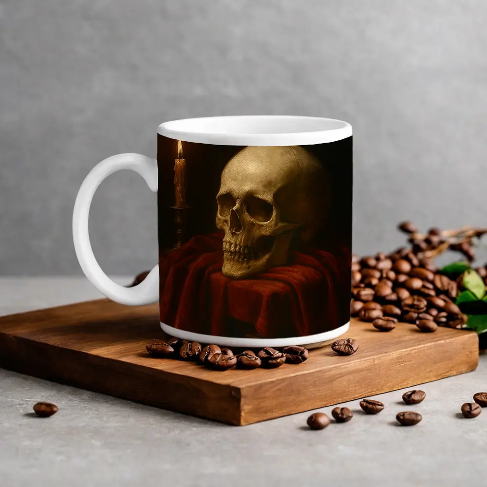 Skull Candlelight Red Velvet Dark Oil Painting – Mugs