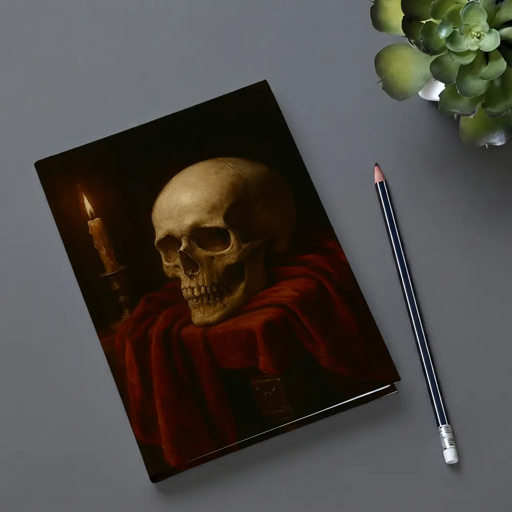 Skull Candlelight Red Velvet Dark Oil Painting – Notebooks