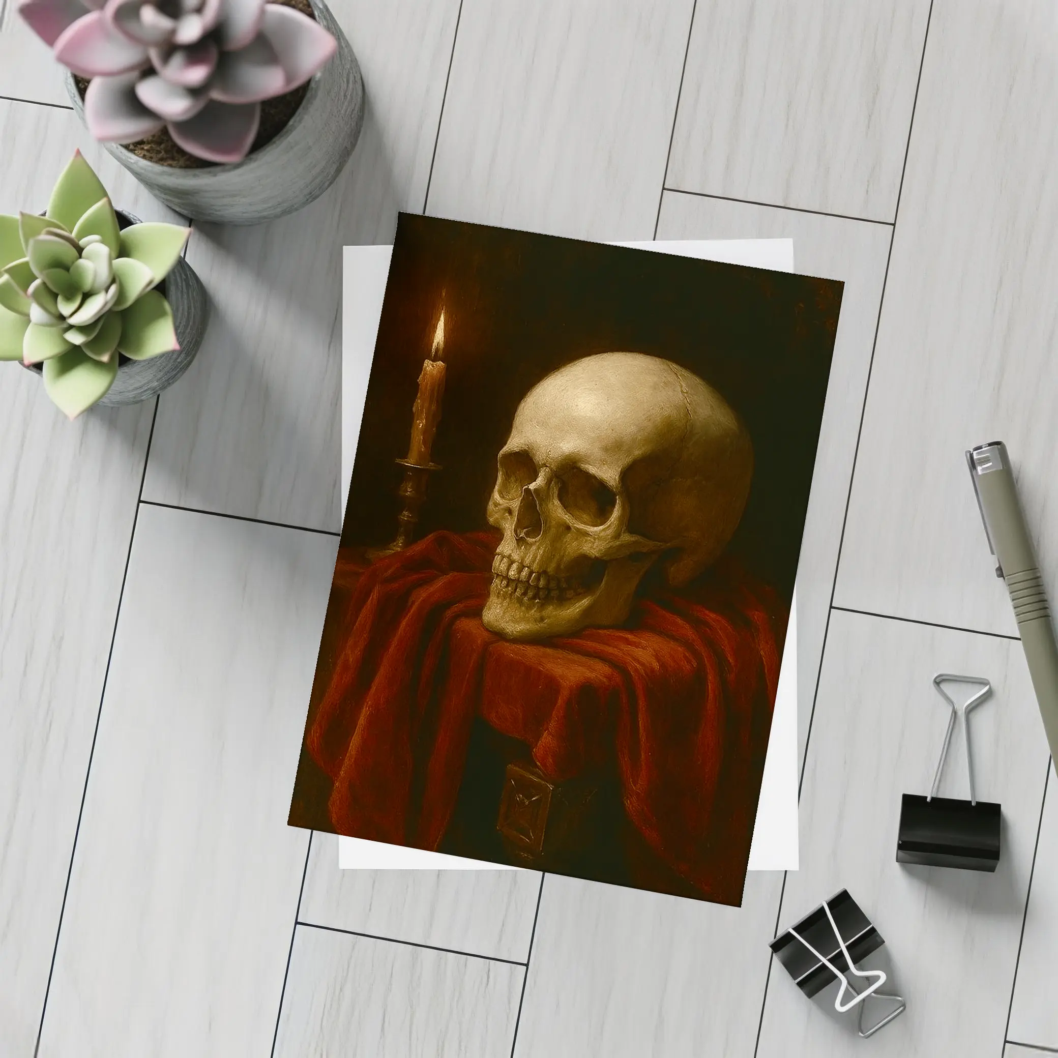 Skull Candlelight Red Velvet Dark Oil Painting – Postcards