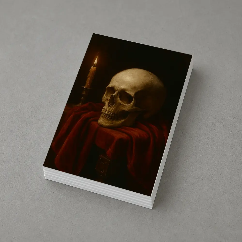 Skull Candlelight Red Velvet Dark Oil Painting – Postcards