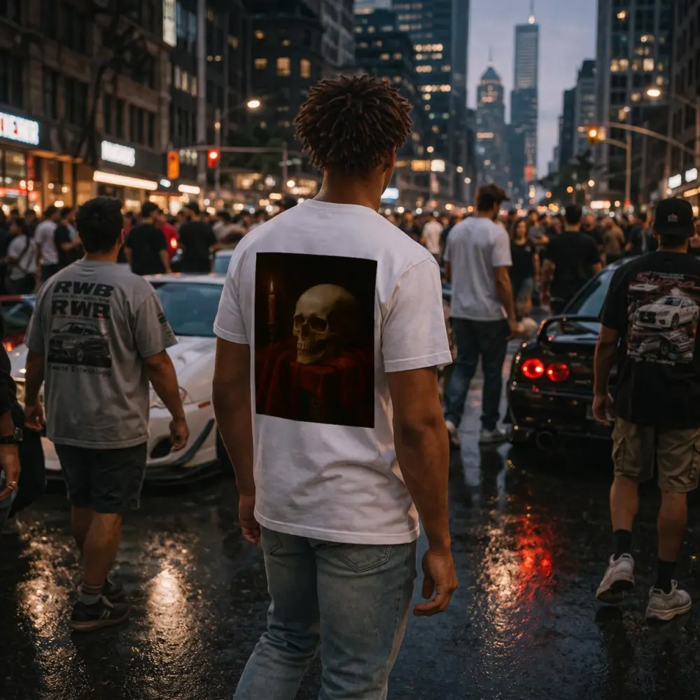 Skull Candlelight Red Velvet Dark Oil Painting – T-Shirts