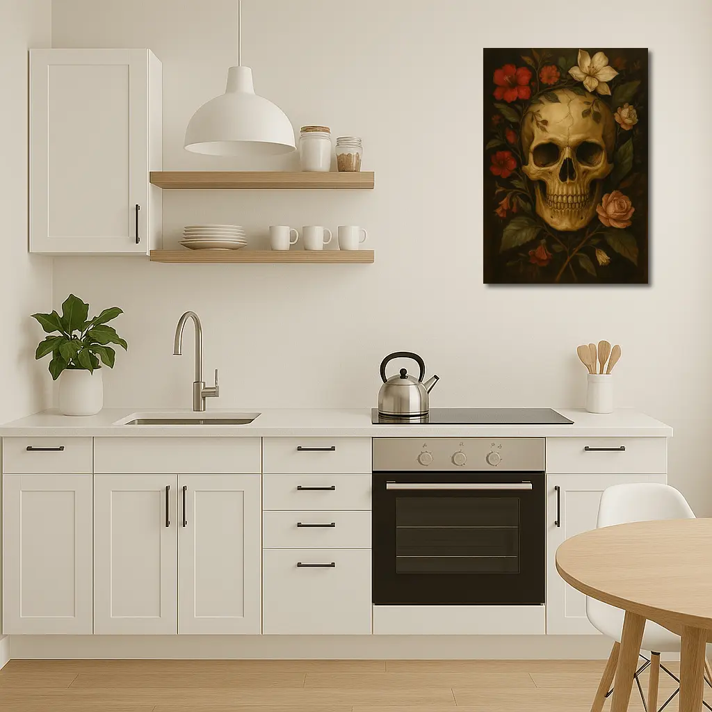 Skull With Red Roses Floral Dark Painting – Wall Art
