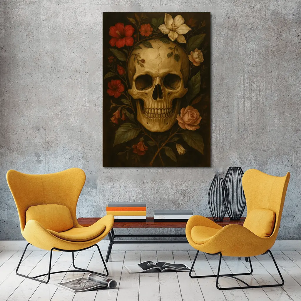 Skull With Red Roses Floral Dark Painting – Wall Art