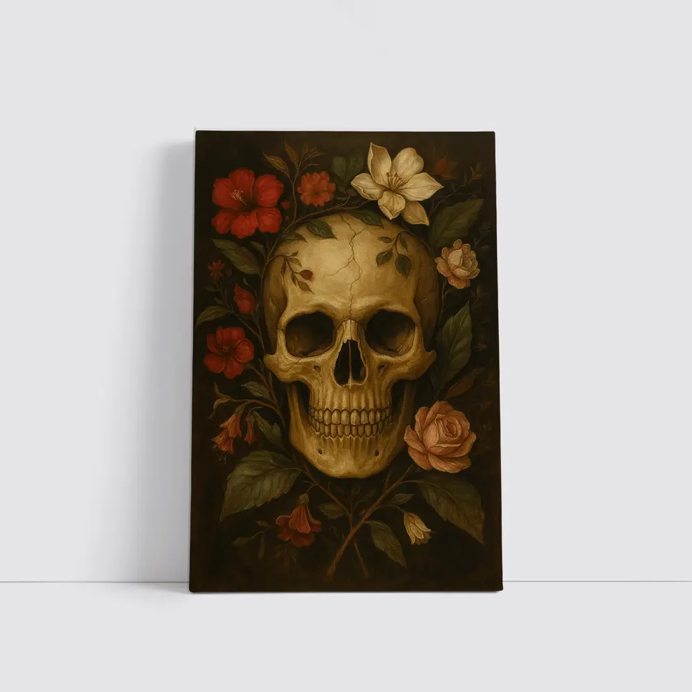 Skull With Red Roses Floral Dark Painting – Wall Art
