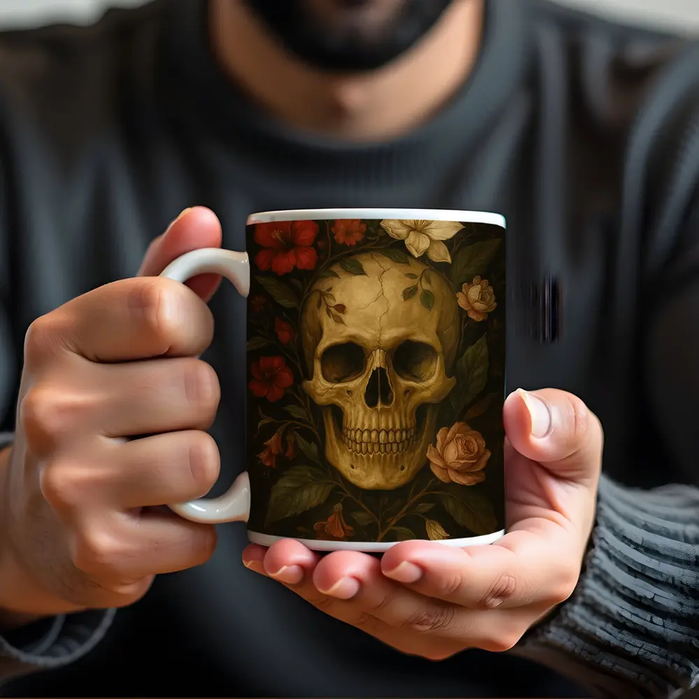 Skull With Red Roses Floral Dark Painting – Mugs
