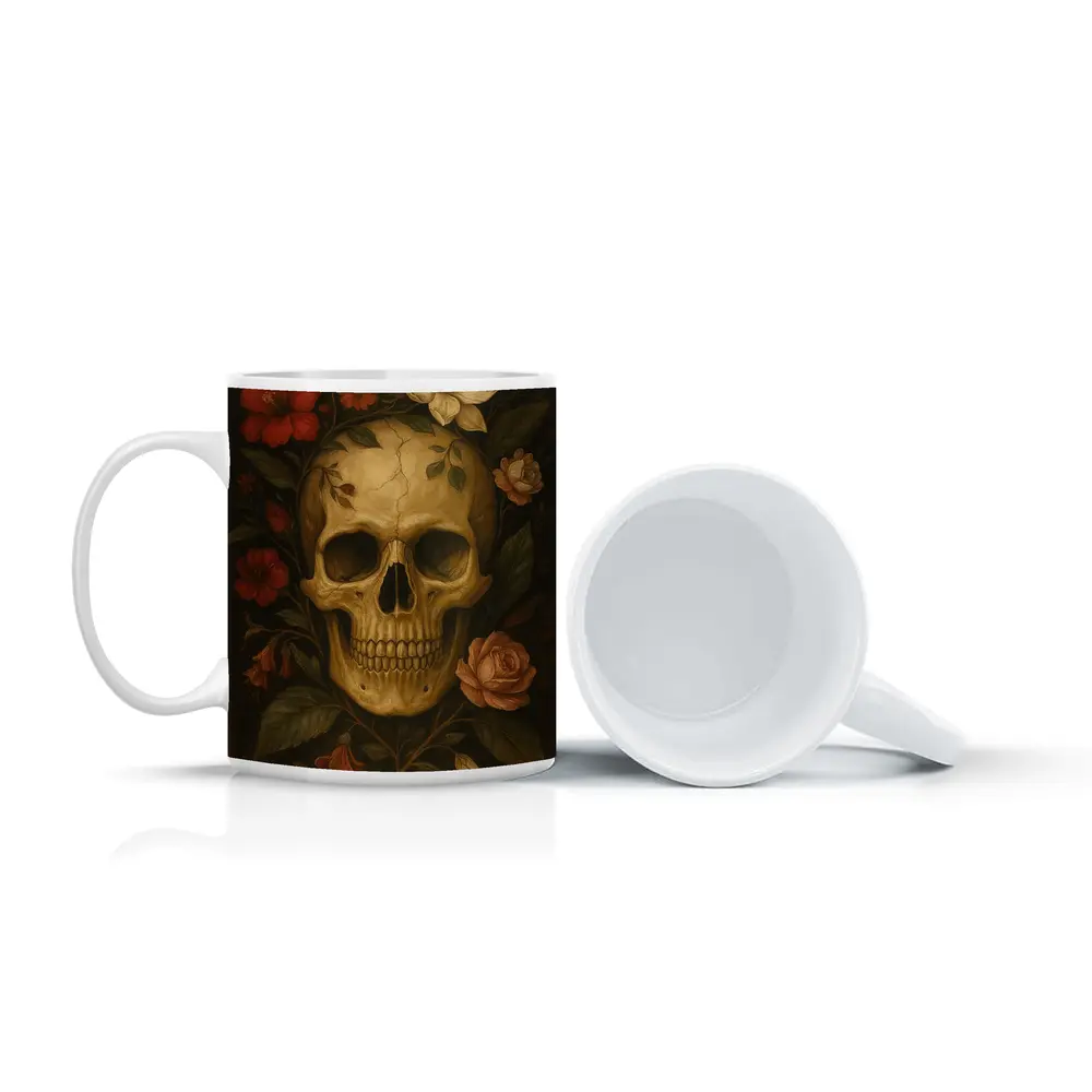Skull With Red Roses Floral Dark Painting – Mugs