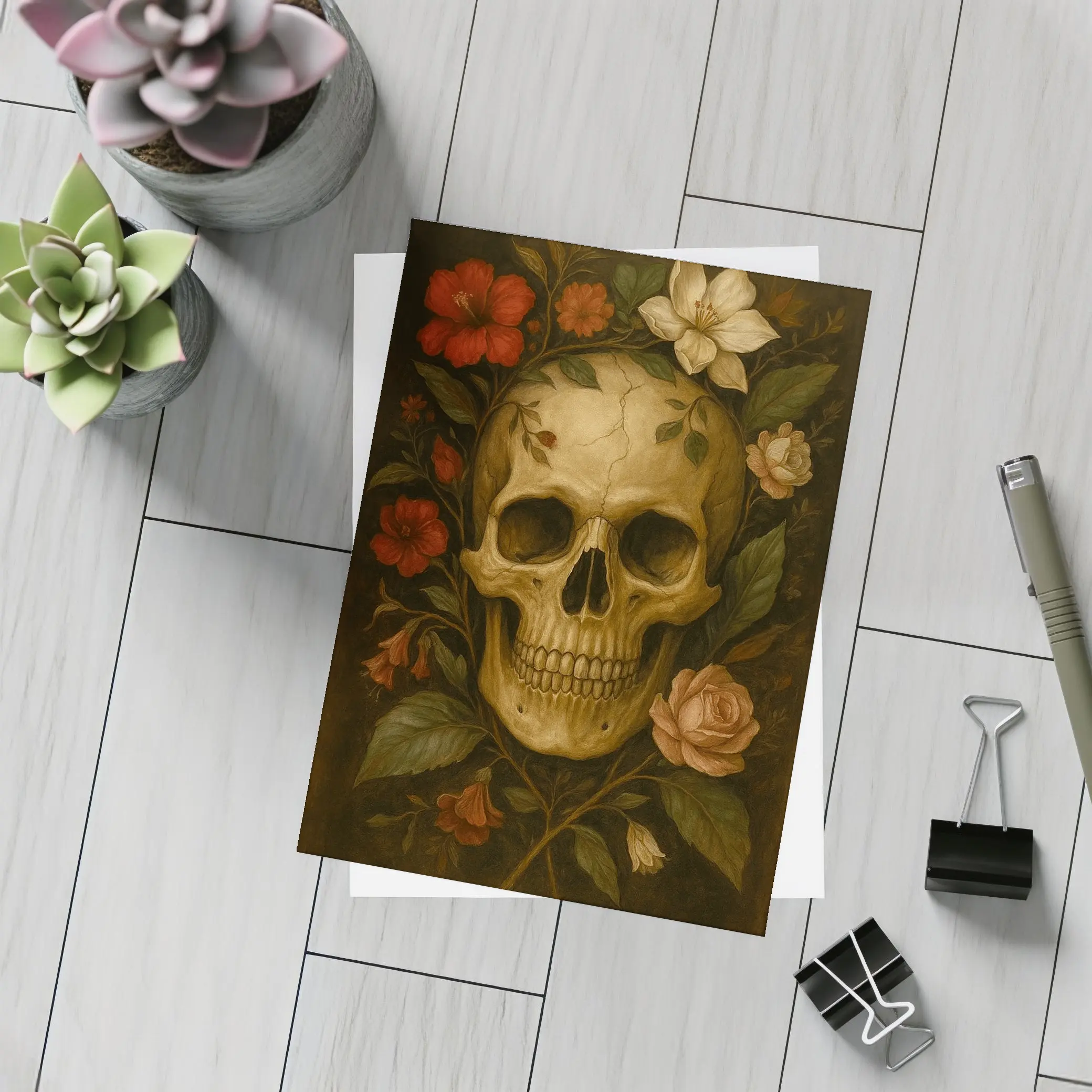 Skull With Red Roses Floral Dark Painting – Postcards
