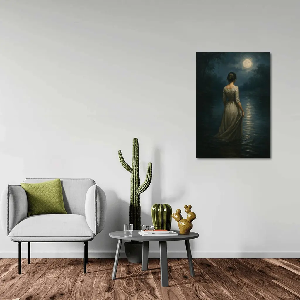 Woman in White Dress Moonlit Water Oil Painting – Wall Art