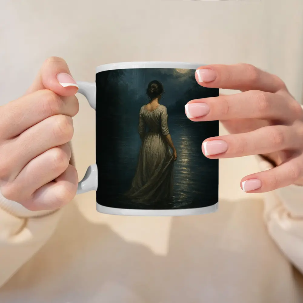Woman in White Dress Moonlit Water Oil Painting – Mugs