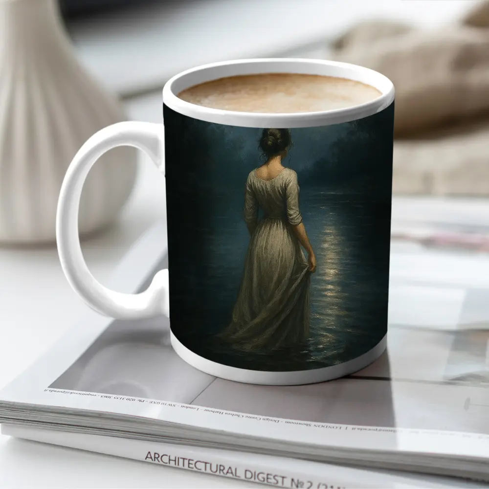 Woman in White Dress Moonlit Water Oil Painting – Mugs