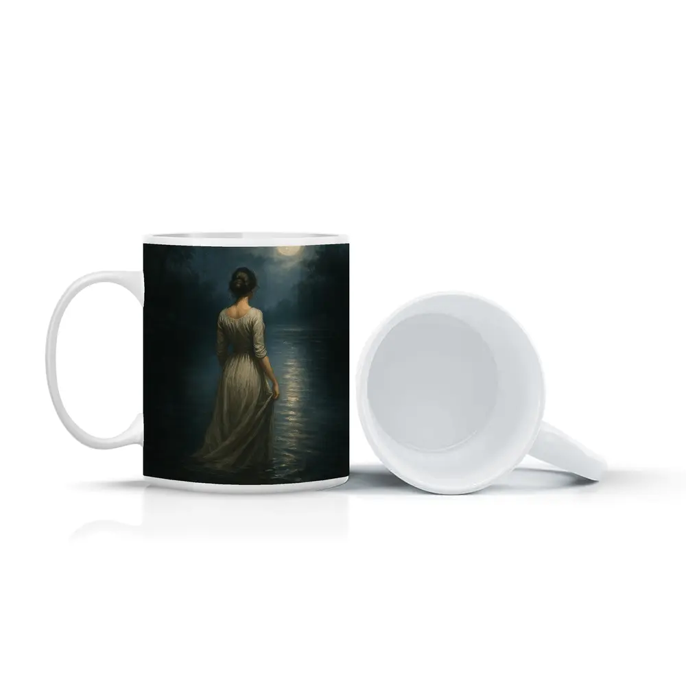 Woman in White Dress Moonlit Water Oil Painting – Mugs