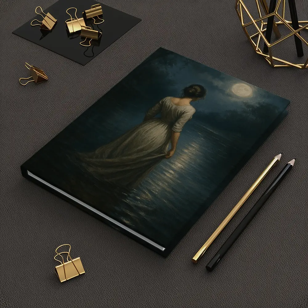 Woman in White Dress Moonlit Water Oil Painting – Notebooks
