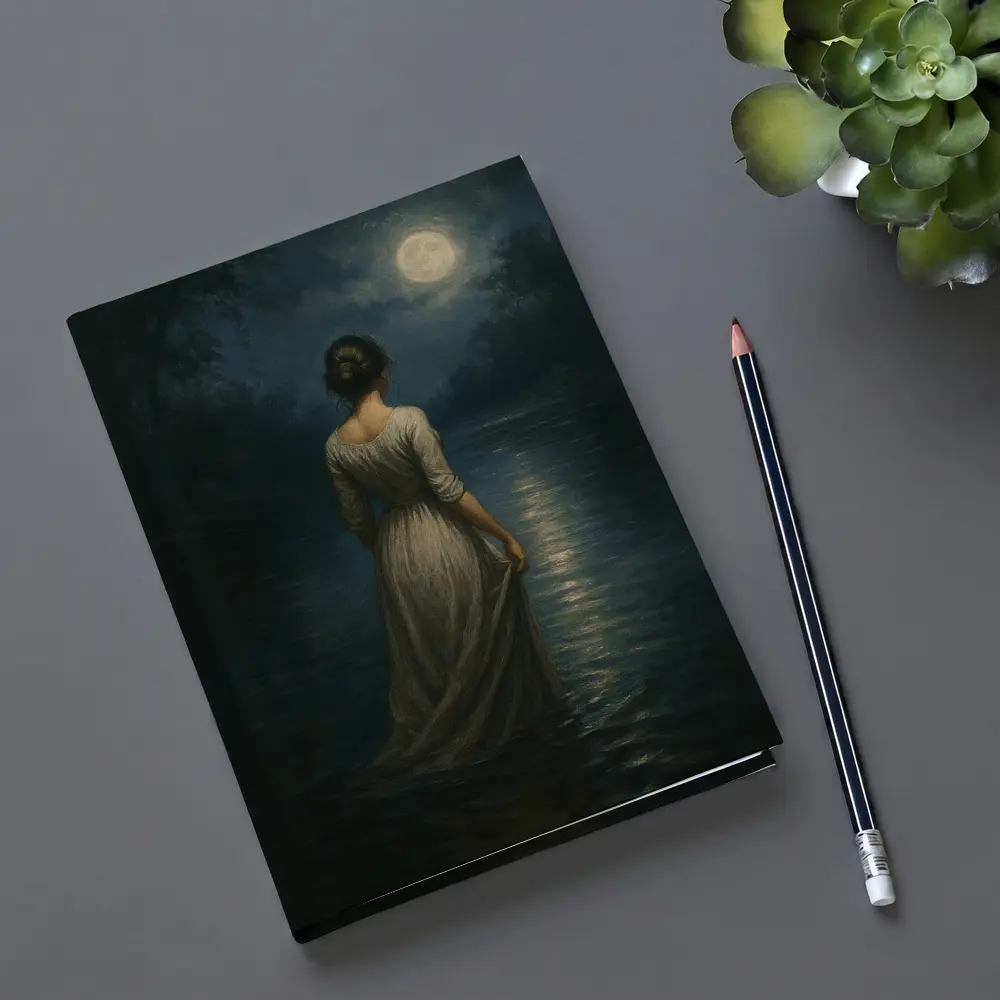 Woman in White Dress Moonlit Water Oil Painting – Notebooks