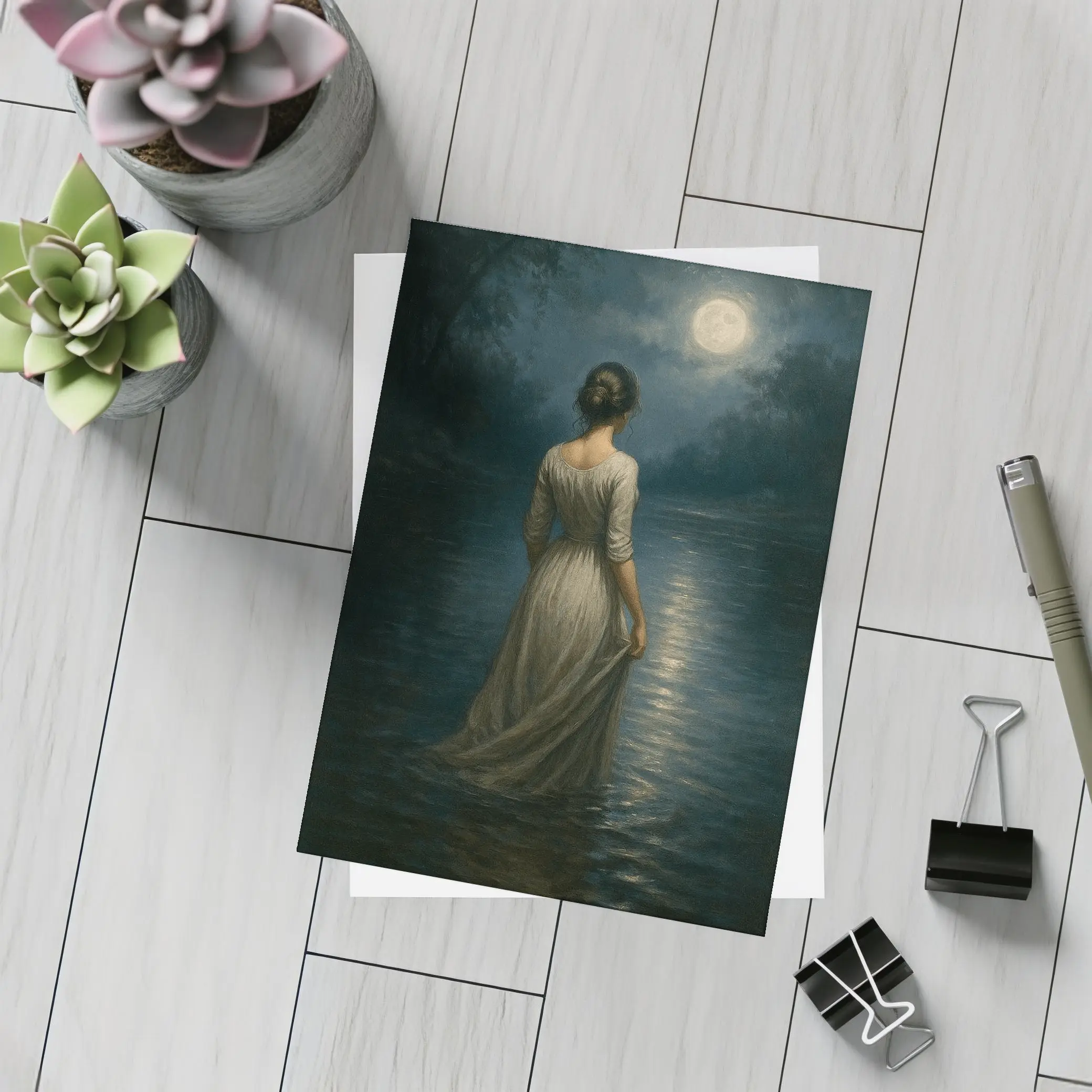 Woman in White Dress Moonlit Water Oil Painting – Postcards