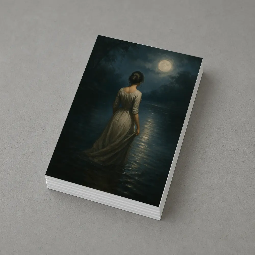 Woman in White Dress Moonlit Water Oil Painting – Postcards
