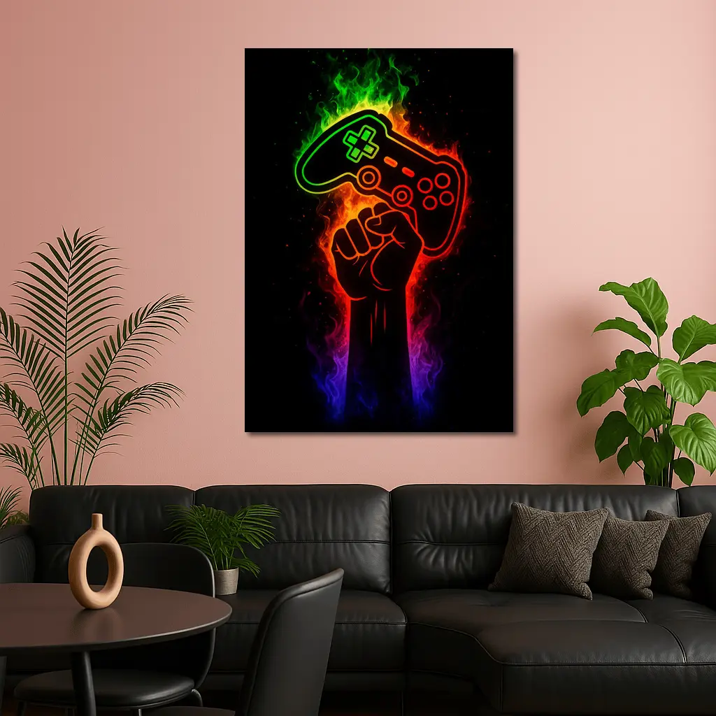 Neon Gaming Controller Fist Black Background – Wall Art