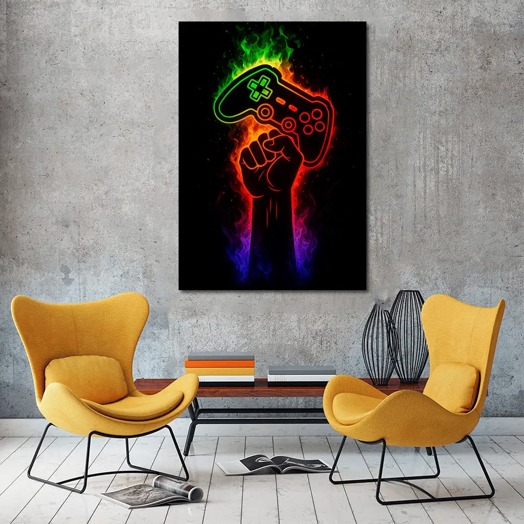 Neon Gaming Controller Fist Black Background – Wall Art