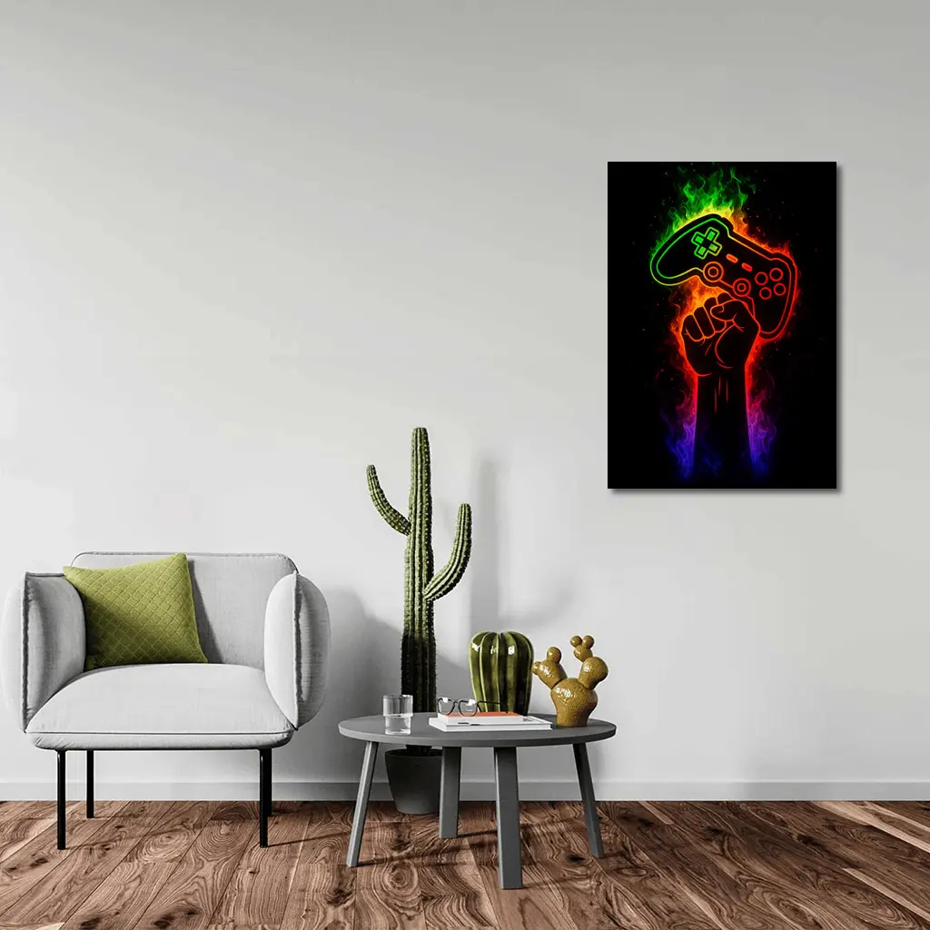 Neon Gaming Controller Fist Black Background – Wall Art