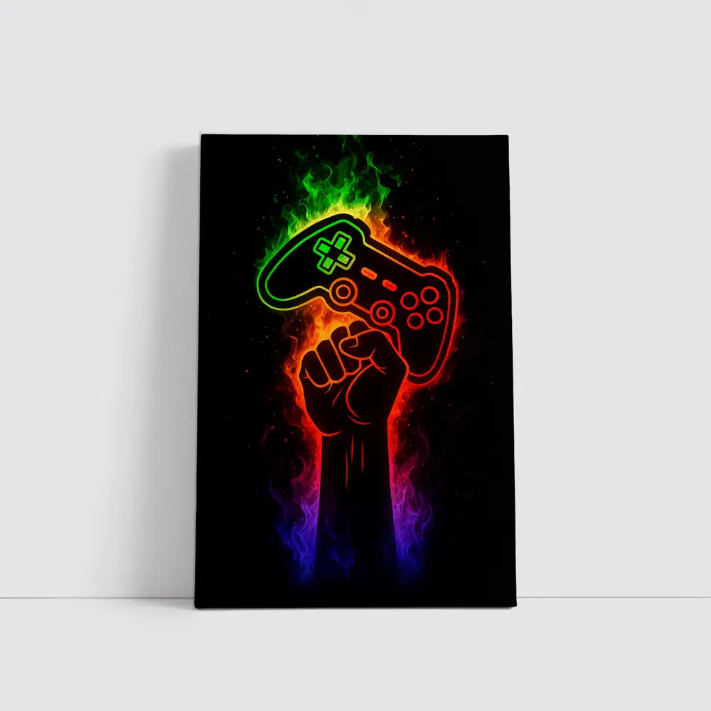 Neon Gaming Controller Fist Black Background – Wall Art