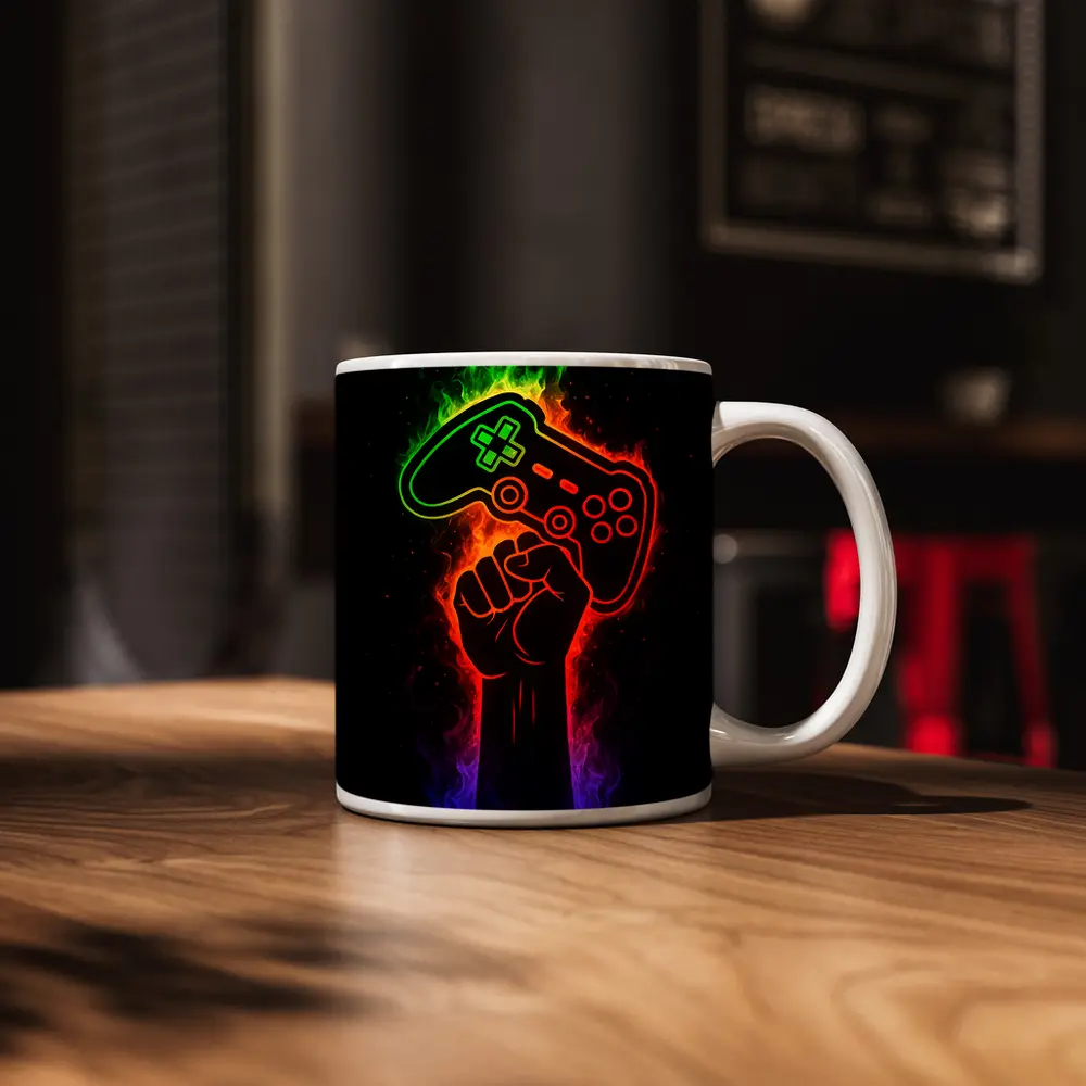 Neon Gaming Controller Fist Black Background – Mugs