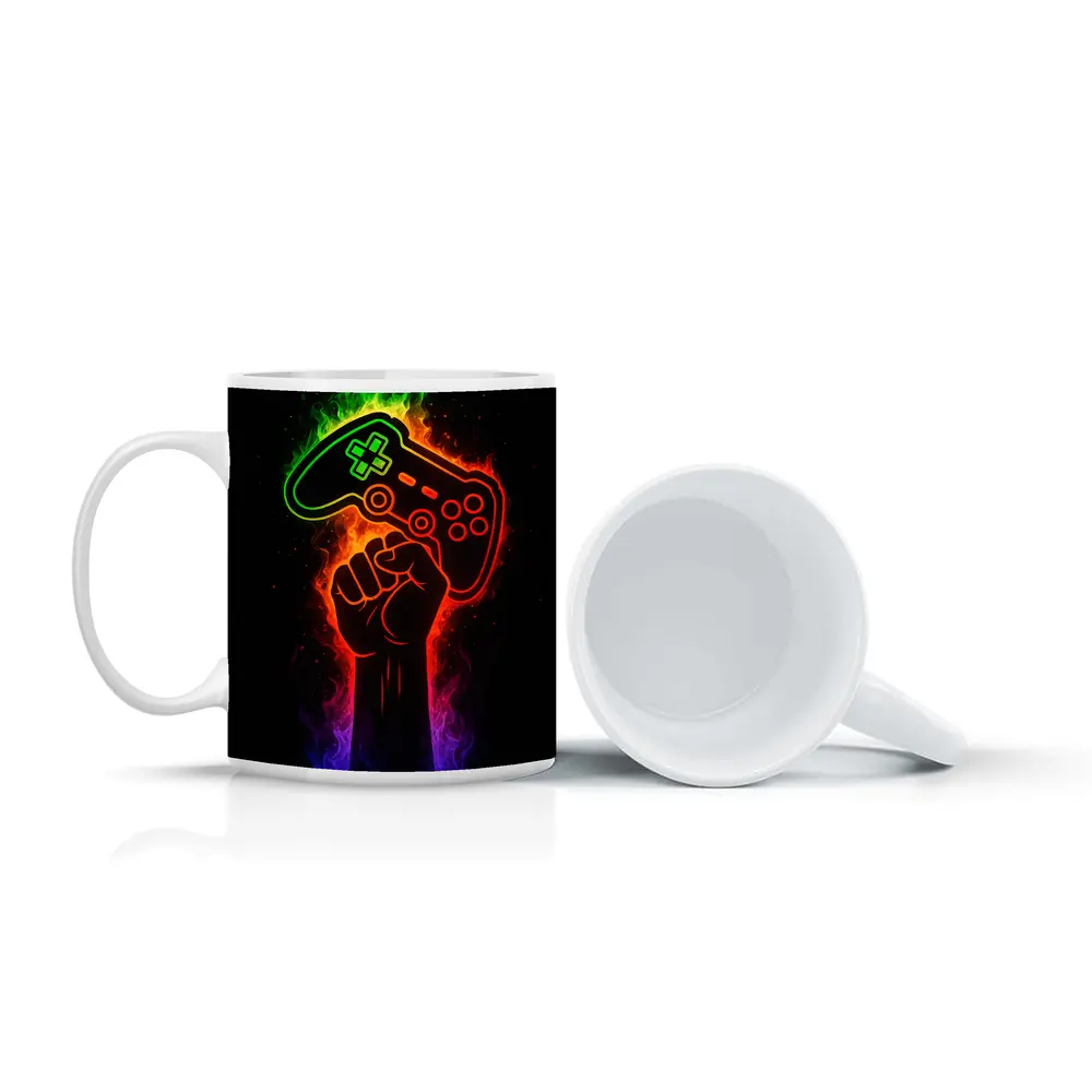 Neon Gaming Controller Fist Black Background – Mugs