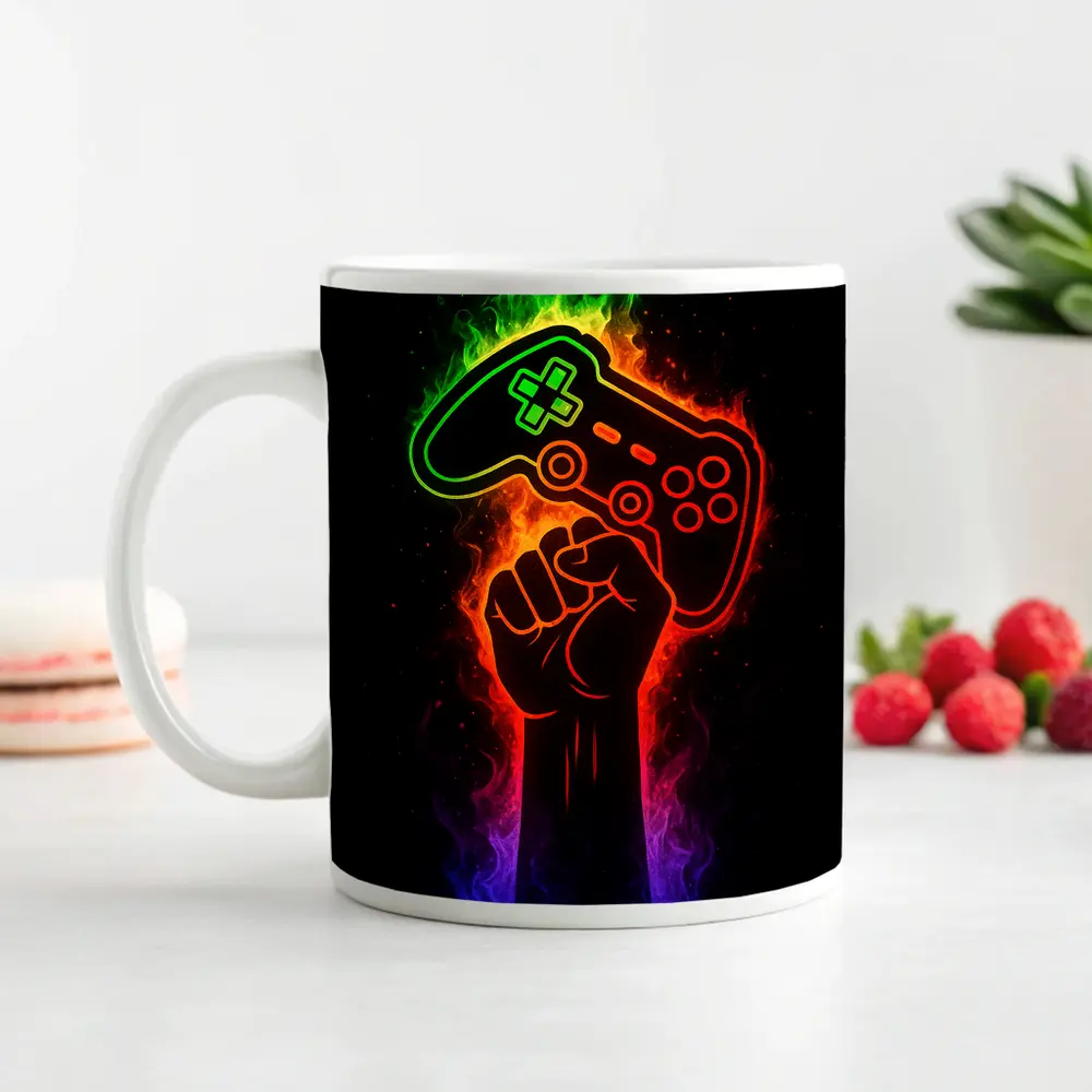 Neon Gaming Controller Fist Black Background – Mugs