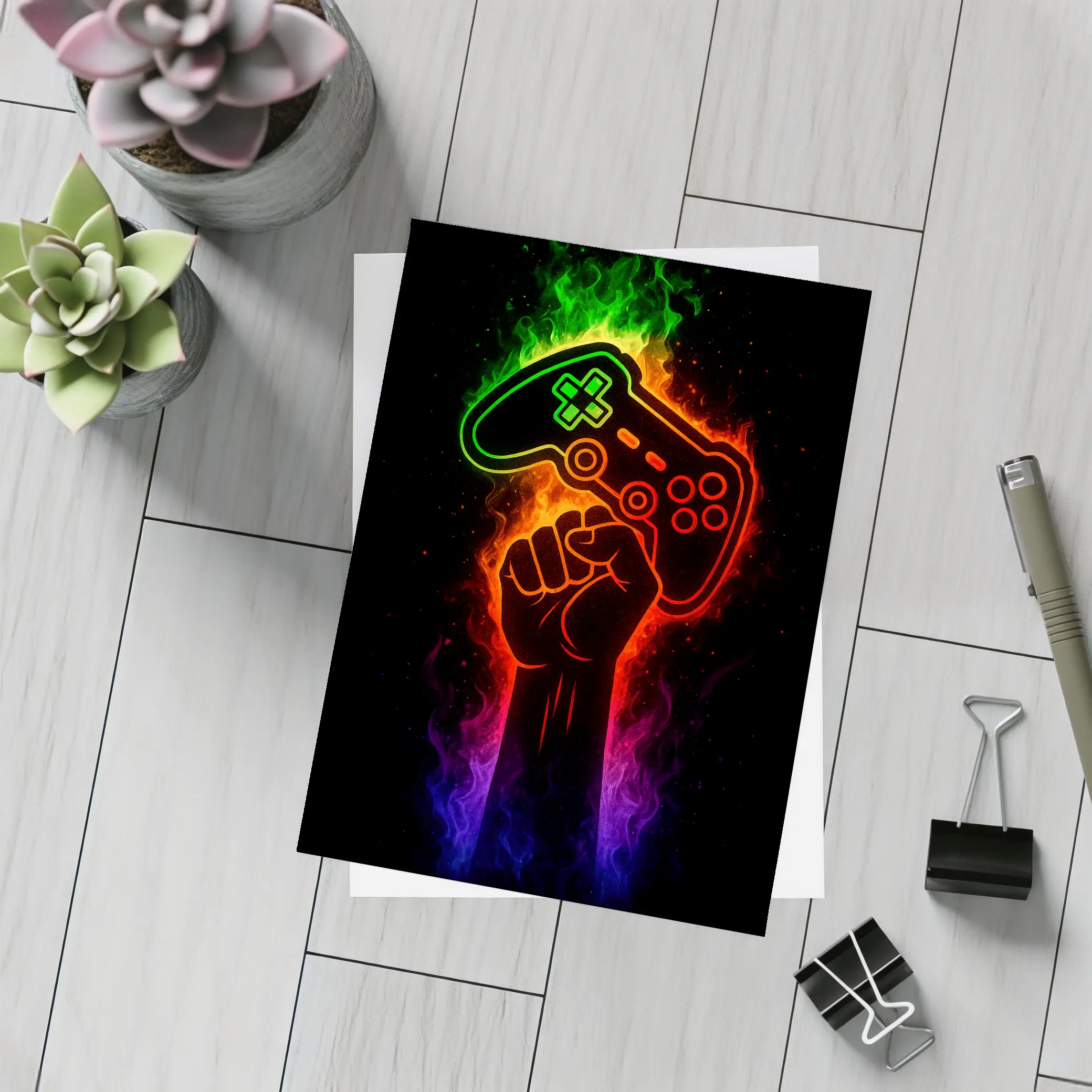 Neon Gaming Controller Fist Black Background – Postcards