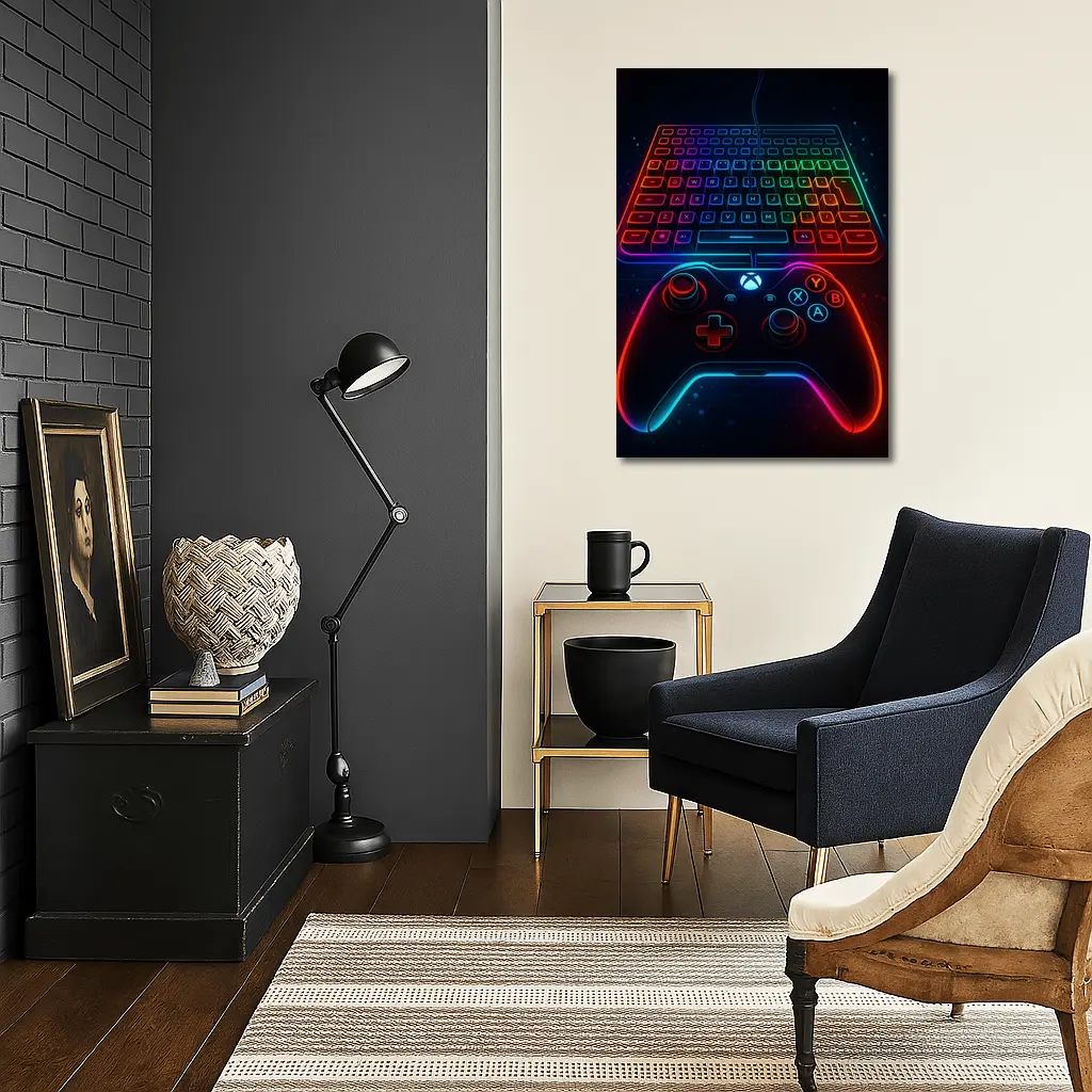 Neon Gaming Controller Keyboard Dark Background – Wall Art