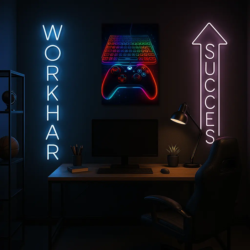 Neon Gaming Controller Keyboard Dark Background – Wall Art