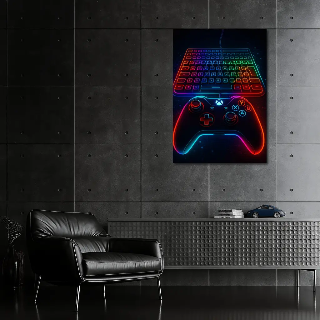 Neon Gaming Controller Keyboard Dark Background – Wall Art