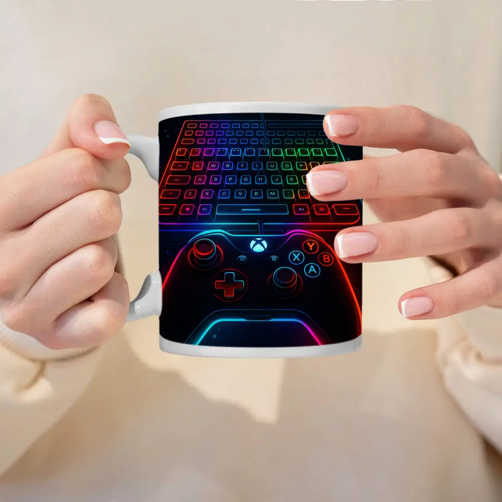 Neon Gaming Controller Keyboard Dark Background – Mugs