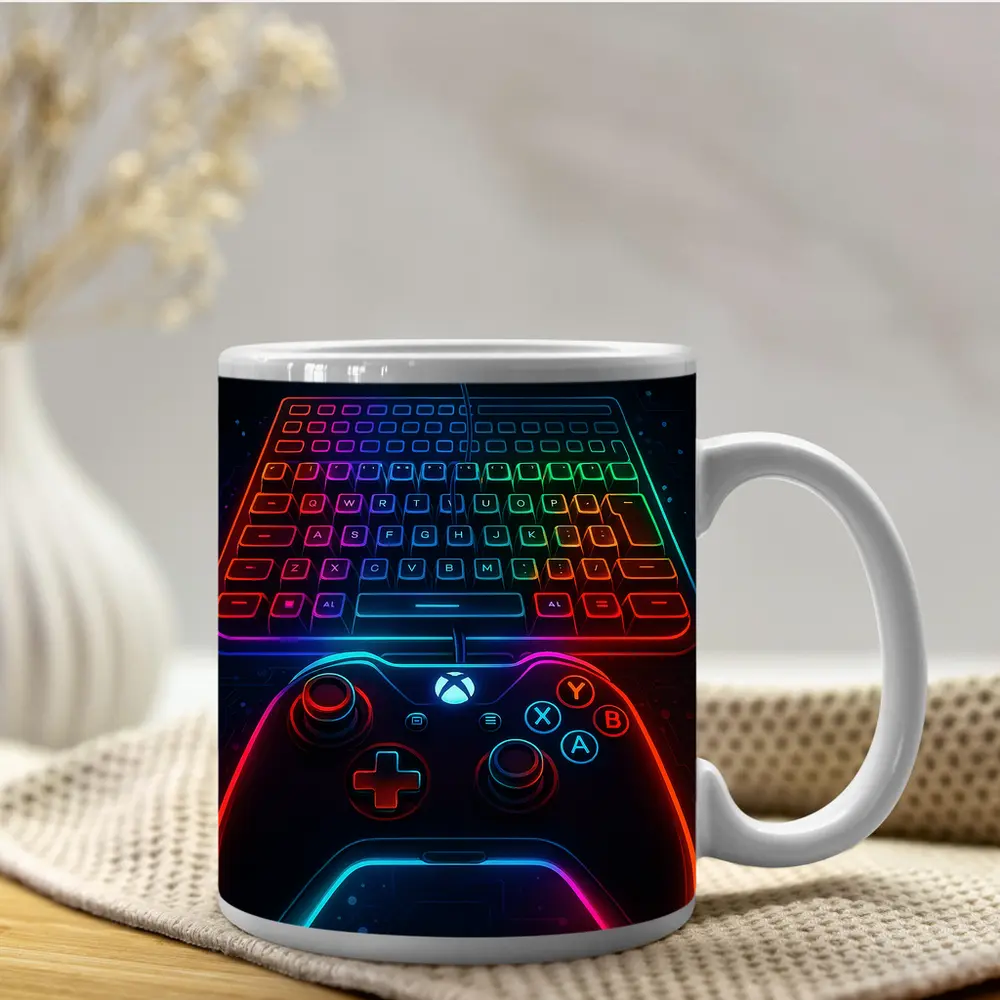 Neon Gaming Controller Keyboard Dark Background – Mugs