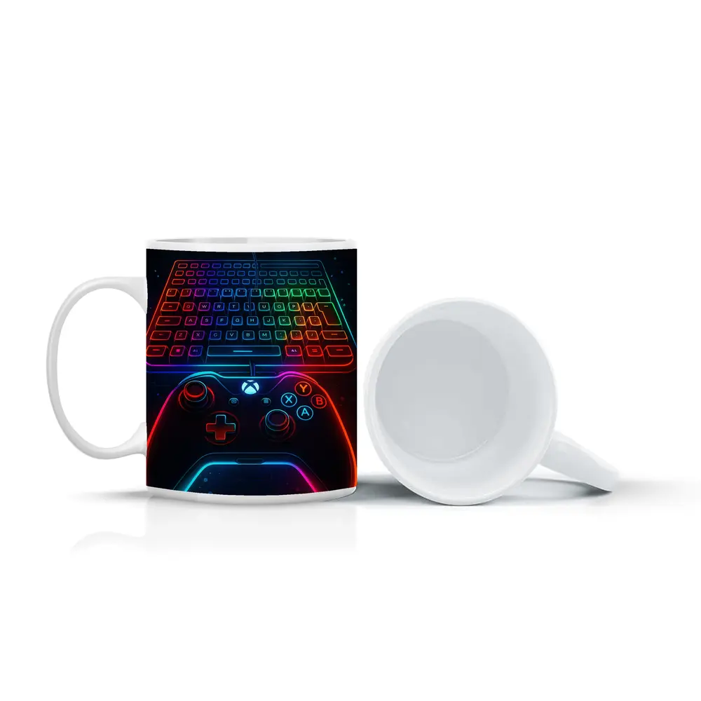 Neon Gaming Controller Keyboard Dark Background – Mugs