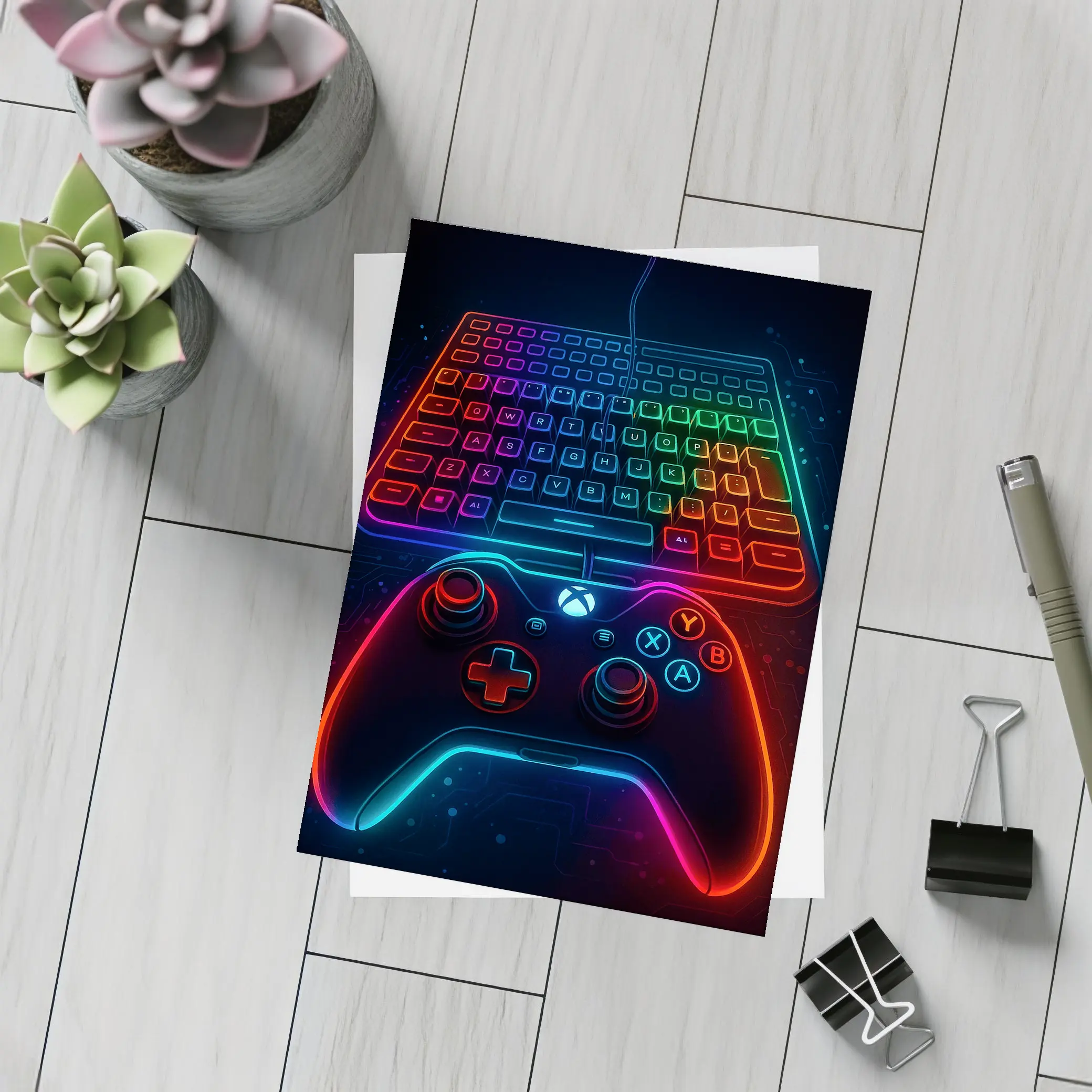 Neon Gaming Controller Keyboard Dark Background – Postcards