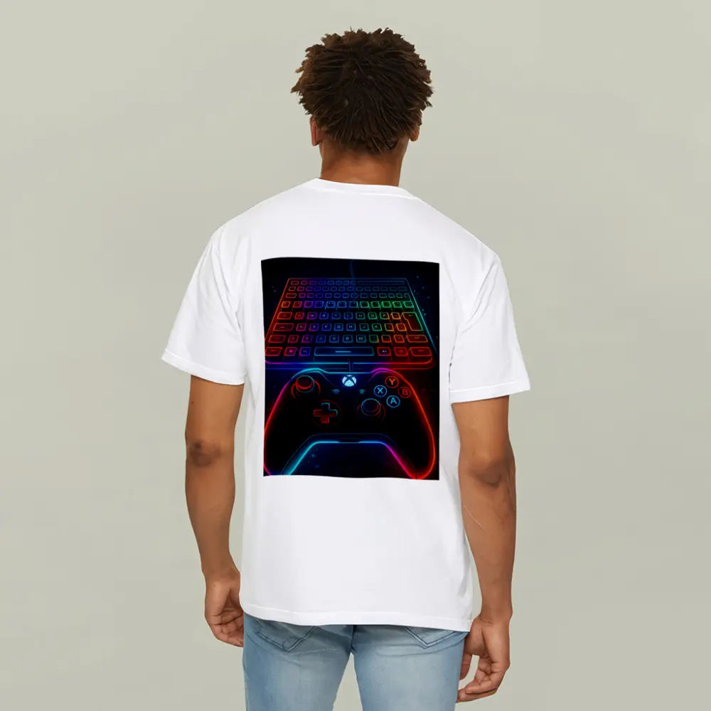 Neon Gaming Controller Keyboard Dark Background – T-Shirts