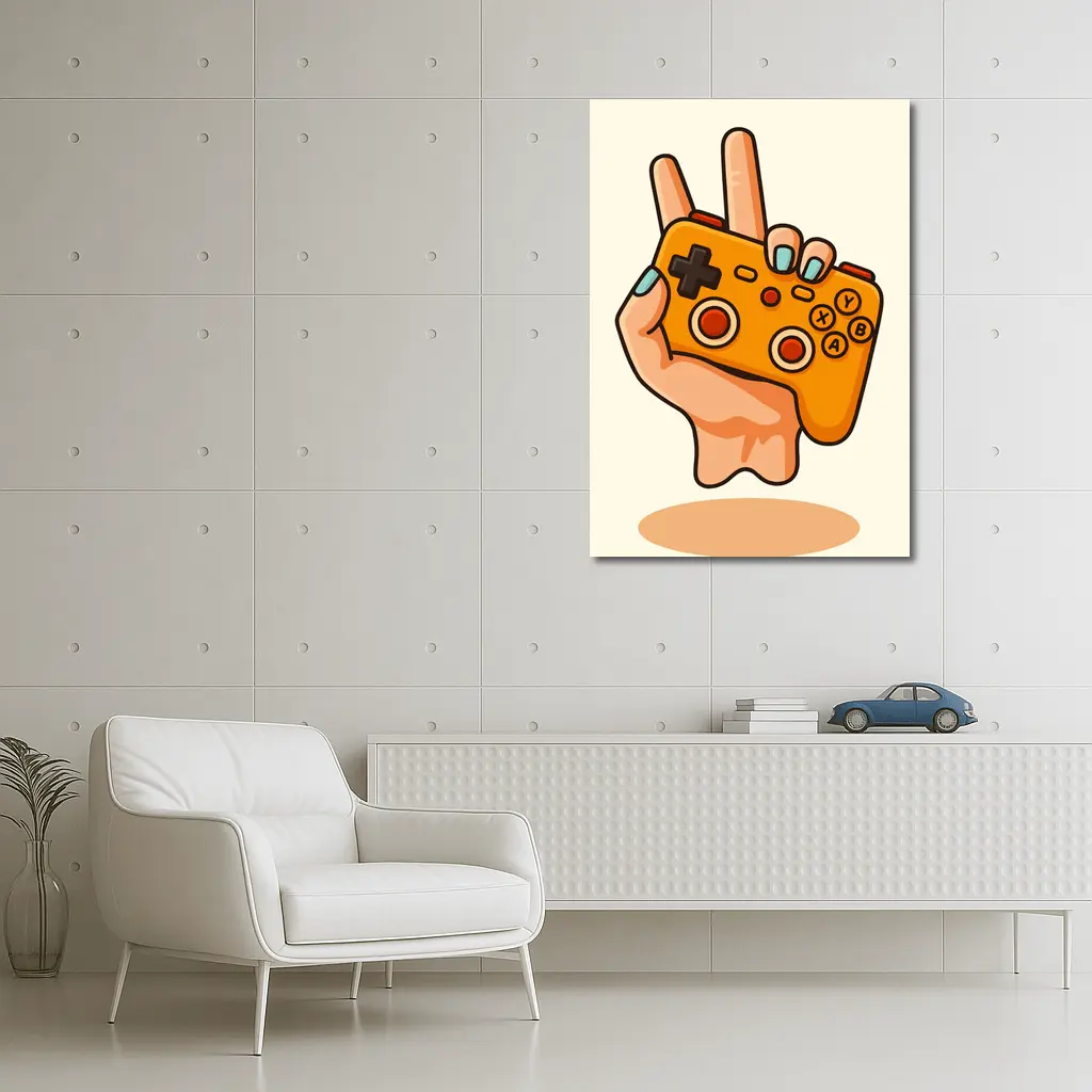 Hand Holding Orange Gaming Controller Peace Sign – Wall Art