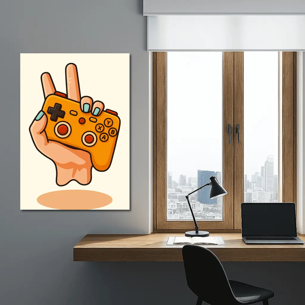 Hand Holding Orange Gaming Controller Peace Sign – Wall Art