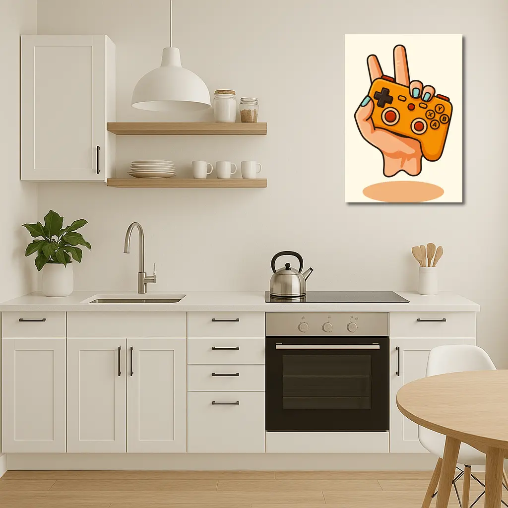 Hand Holding Orange Gaming Controller Peace Sign – Wall Art