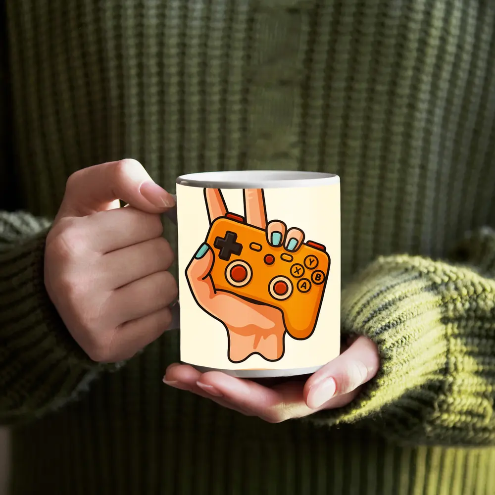 Hand Holding Orange Gaming Controller Peace Sign – Mugs
