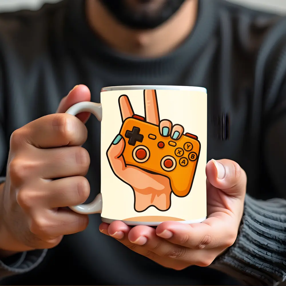 Hand Holding Orange Gaming Controller Peace Sign – Mugs