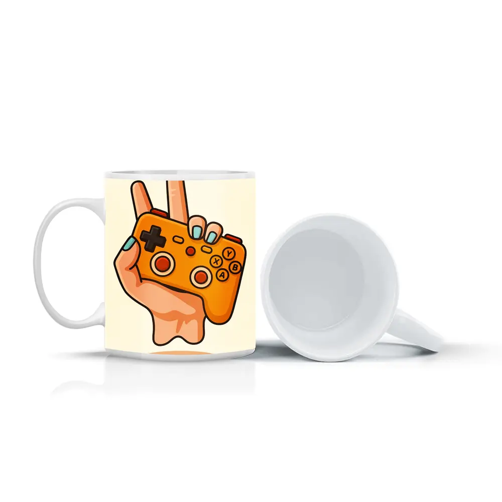 Hand Holding Orange Gaming Controller Peace Sign – Mugs