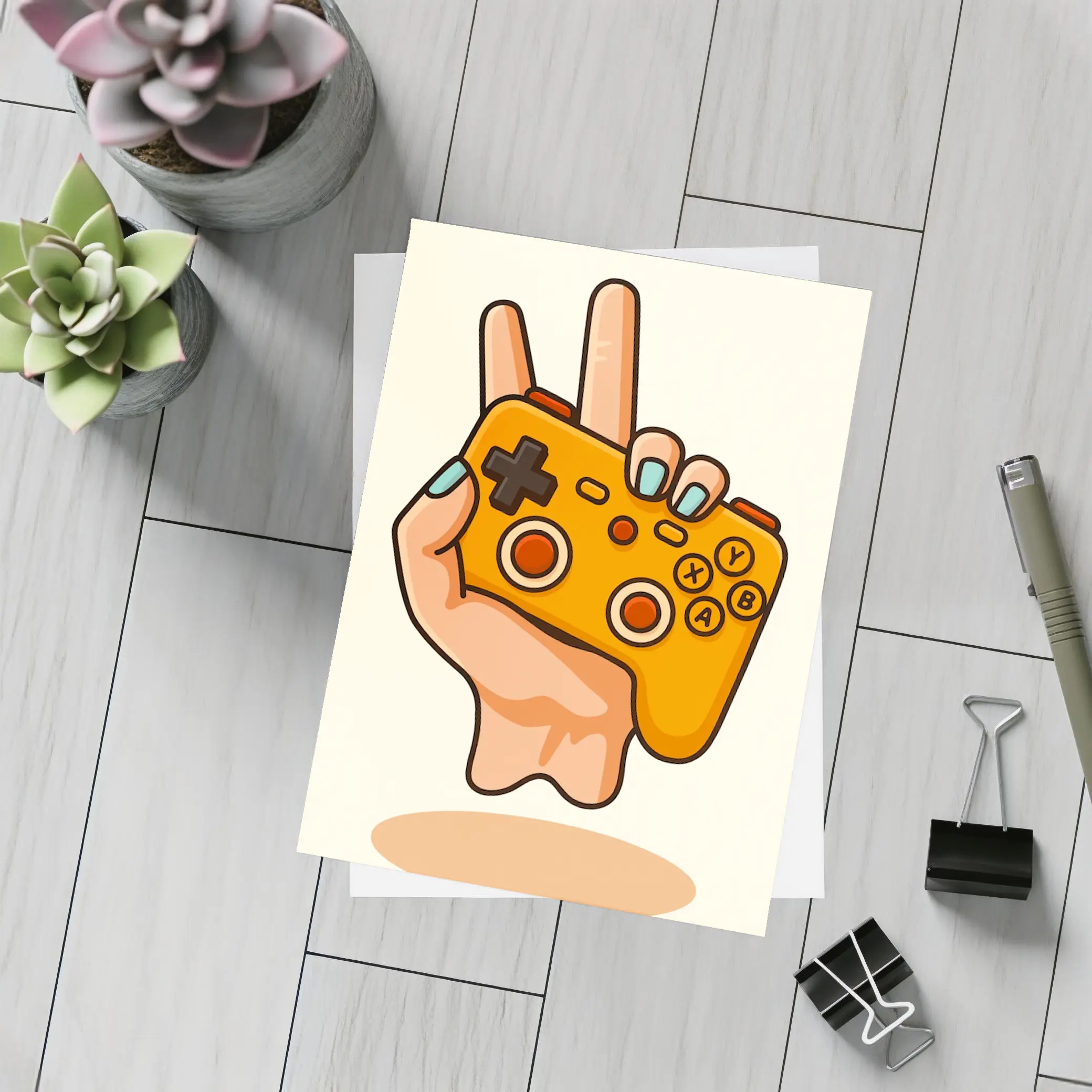 Hand Holding Orange Gaming Controller Peace Sign – Postcards