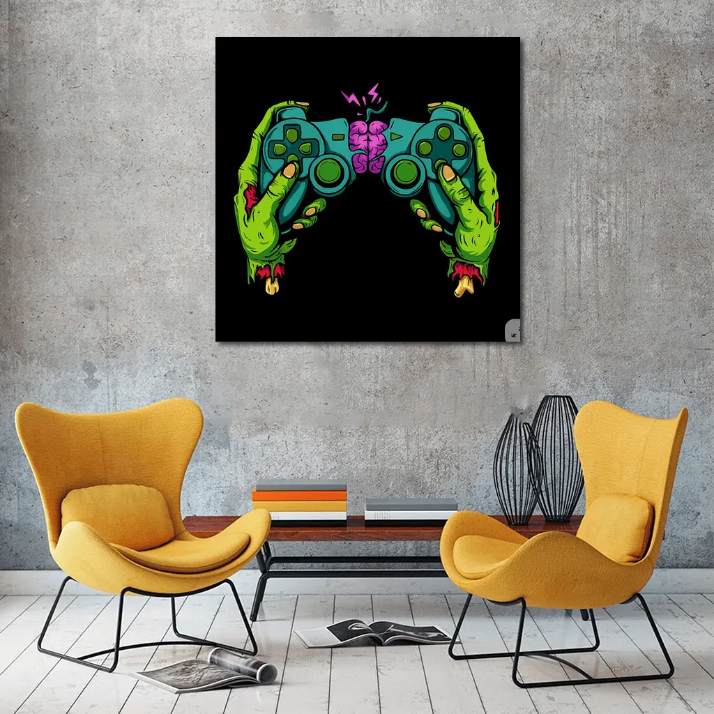 Zombie Hands Holding Game Controller Brain – Wall Art
