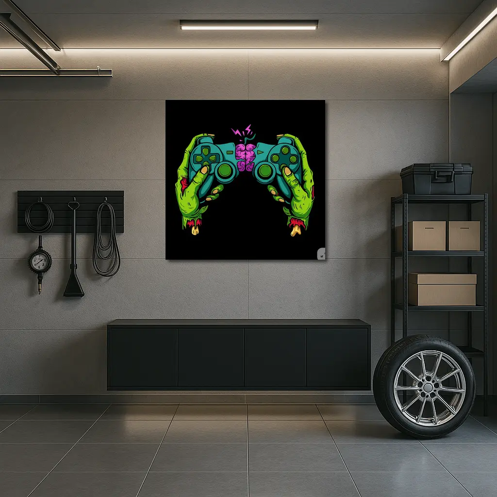 Zombie Hands Holding Game Controller Brain – Wall Art