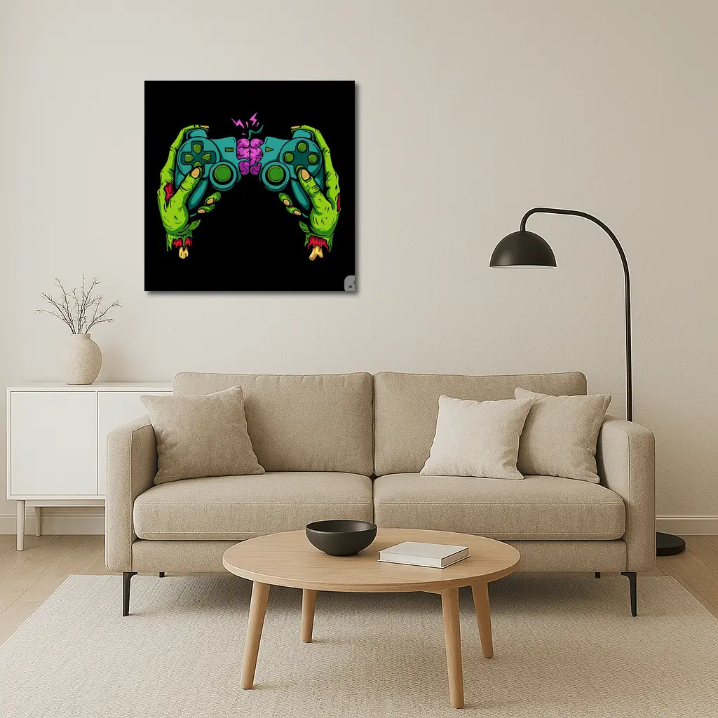 Zombie Hands Holding Game Controller Brain – Wall Art