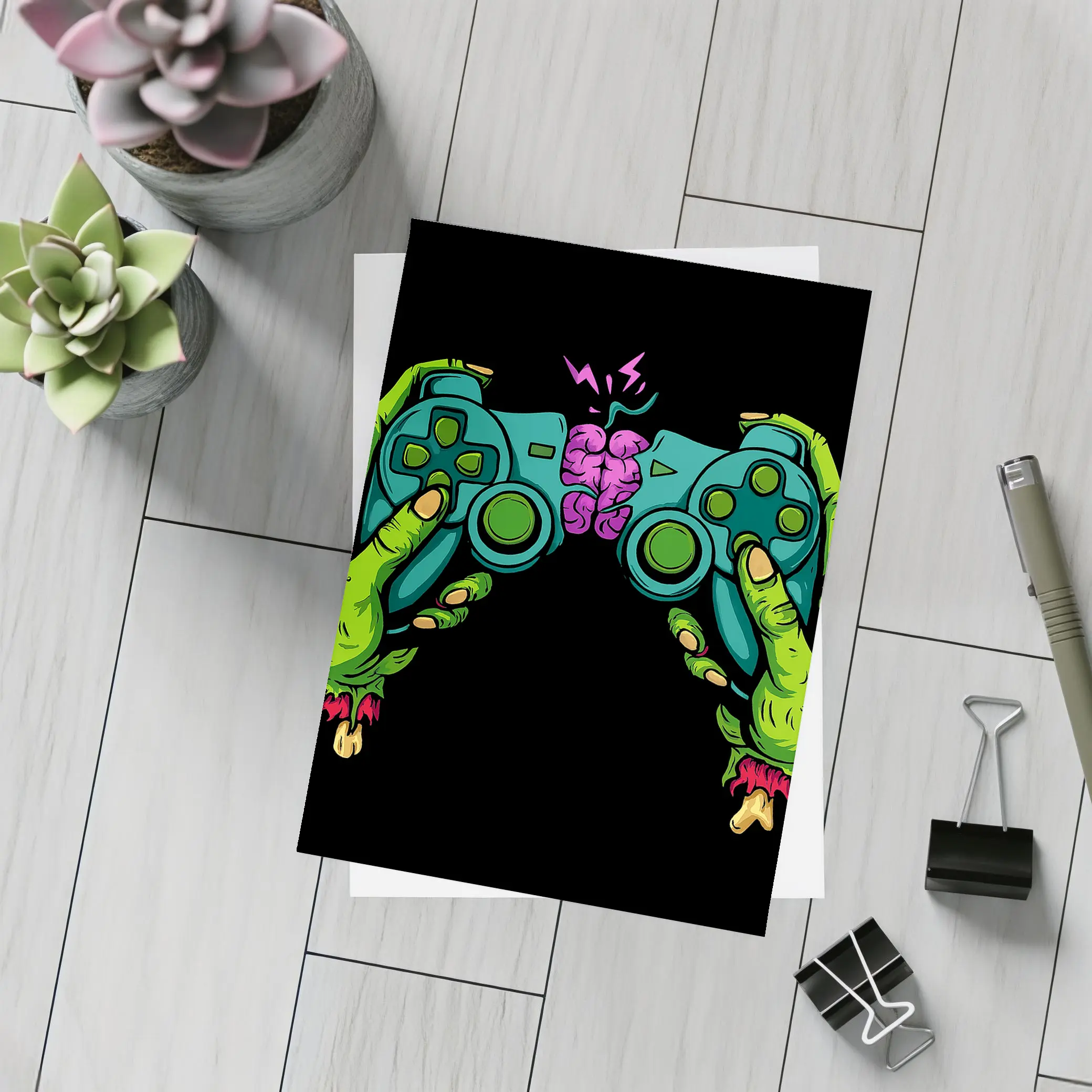 Zombie Hands Holding Game Controller Brain – Postcards