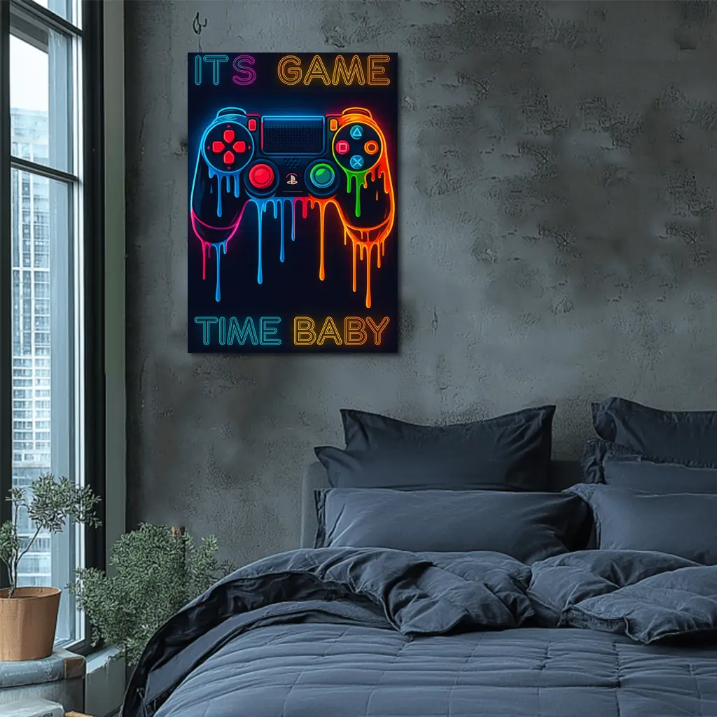 Neon Dripping Gaming Controller Dark Background – Wall Art